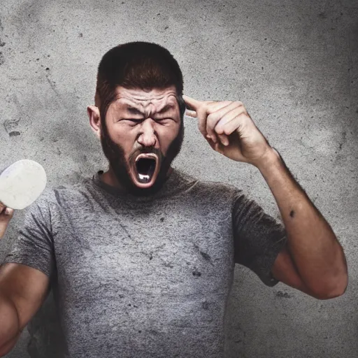 Image similar to a man angrily eating cement