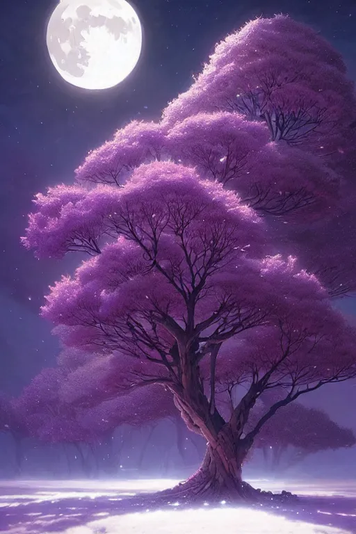 Image similar to giant tree in snow with purple flowers on the moon, unreal engine, fantasy art by greg rutkowski, loish, rhads, ferdinand knab, makoto shinkai and lois van baarle, ilya kuvshinov, rossdraws, tom bagshaw, global illumination, radiant light, detailed and intricate environment