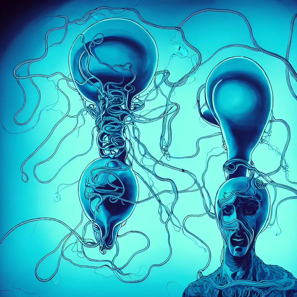 Image similar to an eternal self portrait by the artist kelbv, in distinct hyper detailed style with tubes neatly curving around his head, and inflated body filled with light blue and teal truncated tetrahedra, perfect studio lighting against a backdrop of a still from the movie flight of the squid.