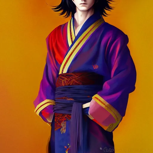 Prompt: colorful and Festive Captivating teenager boy with straight indigo japanese hair, purple eyes, red eye markers, wearing a japanese kimono with golden armor pieces. rich vivid colors, ambient lighting, dynamic lighting, 4k, atmospheric lighting, painted, intricate, highly detailed by Charlie Bowater