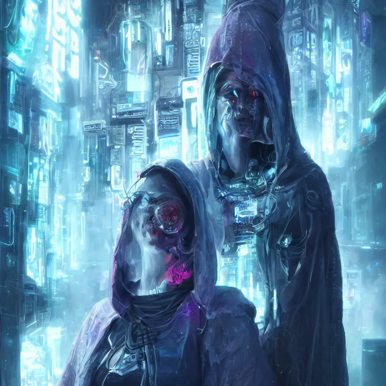 Image similar to futuristic priestess in a hooded robe full of cables and neons, cyberpunk, gothic, fantasy, science fiction, character concept art, matte painting, hyperdetailed, realistic, creepy, atmospheric, cinematic, kinemacolor