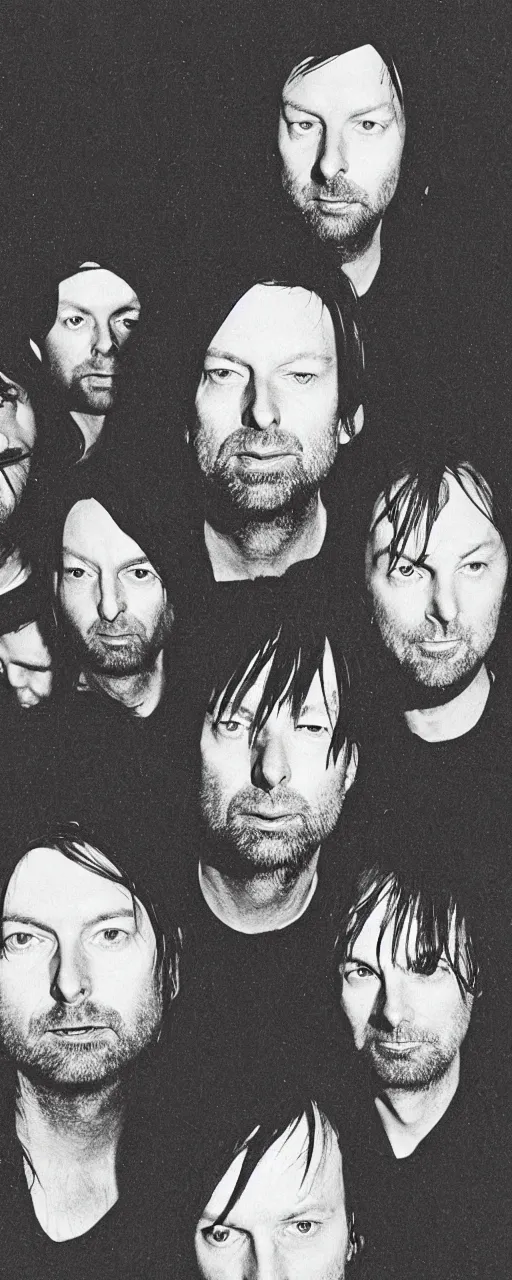 Image similar to disco diffusion portrait of Radiohead, hiding in the bushes looking shifty