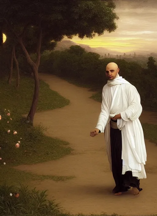 Image similar to oil painting portrait of a tonsured dominican monk in a white habit, striding dancing through a flourishing garden at sunset with a monastery in the background, hazy, digital art, chiaroscuro, artstation, cinematic, golden hour, digital art painting by greg rutkowski, william - adolphe bouguereau, hazy atmosphere, flowers, cinematic lighting