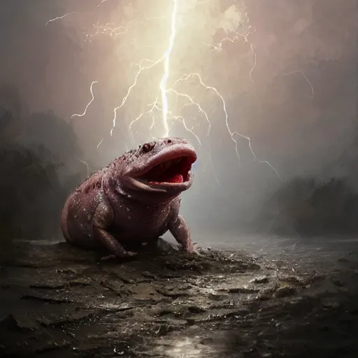 Image similar to highly detailed shocked Axolotl hit by lightning from the sky in a small puddle, thunder, dramatic, dark, fantasy, digital art, hyperrealistic, Greg Rutkowski, Trending on Artstation, highly detailed