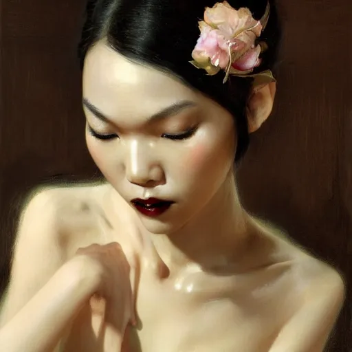 Image similar to detailed cinematic wide shot of beautiful attractive tao okamoto asian vampire woman wearing black bath robe slim face symettrical face clean skin black eyes black robe smooth, sharp focus, ultra realistic, spring light, painting by gaston bussiere, craig mullins, j. c. leyendecker