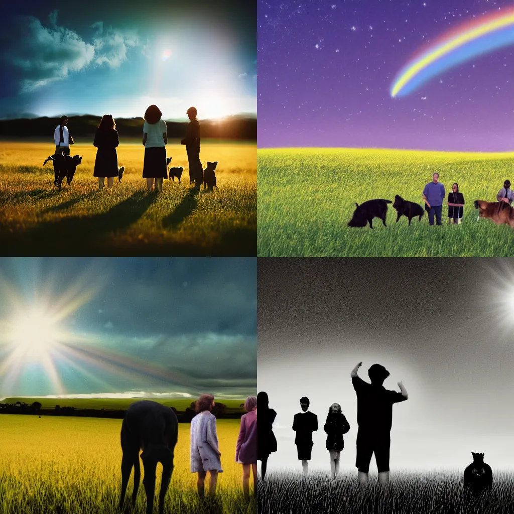 Prompt: a group of people standing in a field with dogs, an album cover by anne rigney, pexels contest winner, australian tonalism, anamorphic lens flare, windows xp, windows vista
