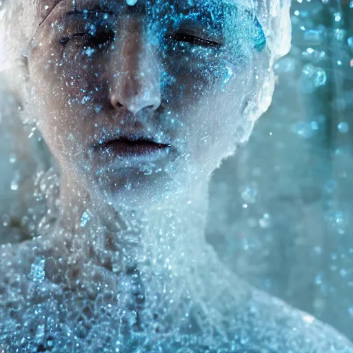 Image similar to futuristic female soldier eyes closed partly submerged in highly viscous clear fluid, frost particles, ice needles, cold blue light, complex hyperdetailed technical suit. white hair flowing. reflection. rays and dispersion of light. volumetric light. 5 0 mm, f / 3 2. noise film photo. ultra realistic, wide angle.