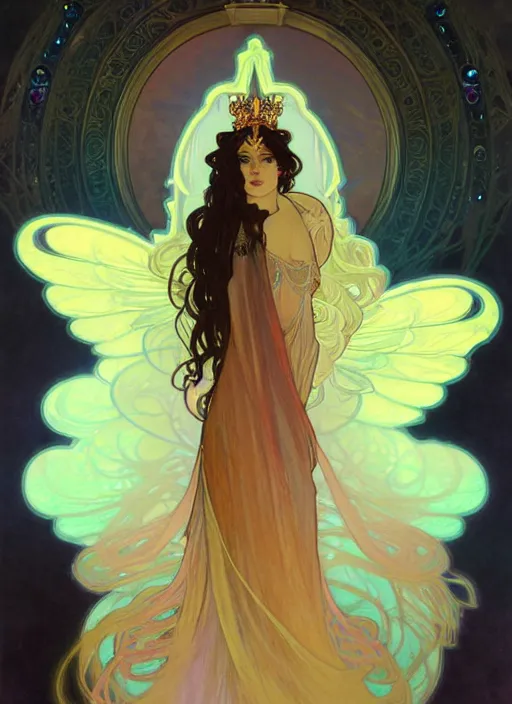 Image similar to ombre velvet gown, alphonse mucha, beautiful elegant woman with glowing wings, portrait, neon outline, long hair, tiara, dozens of jeweled necklaces, by greg rutkowski, brom, anato finnstark