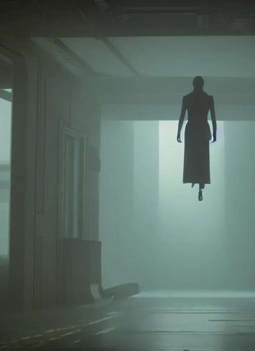 Prompt: a bright silhouette hovers above the ground inside of a hall. liminal, cozy, bladerunner 2 0 4 9 set design by alessandra querzola ( 1 9 8 8 )