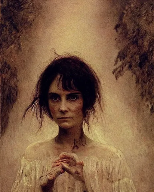 Image similar to a beautiful but sinister girl who looks like a young shirley henderson in dead space, with haunted eyes and crazy hair, horrifying, 1 9 7 0 s, seventies, delicate embellishments, a little blood, crimson, painterly, offset printing technique, by jules bastien - lepage