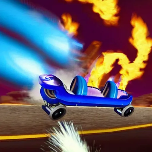 Prompt: hyper realistic sonic riding a roller coaster on fire in disney land