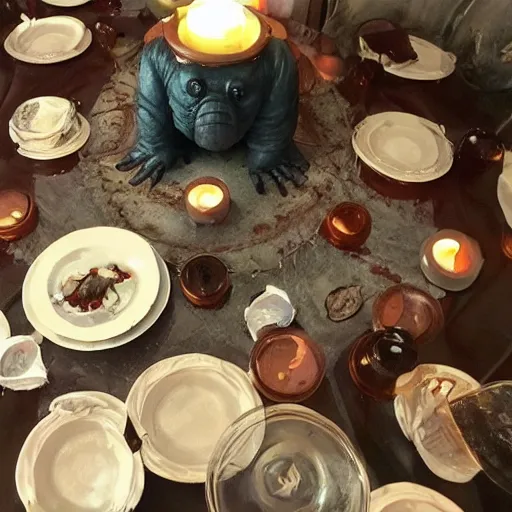 Prompt: tardigrade!!! dining room in a dark mansion, realistic, highly detailed, rests of food, candle lighting