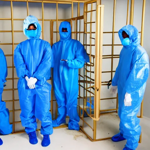 Prompt: blue men group wearing hazmat suits in dollhouse jail