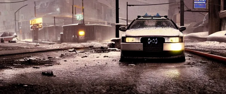 Image similar to Audi A4 B6 Avant (2002), a gritty neo-noir, dramatic lighting, cinematic, eerie person, death, homicide, homicide in the snow, viscera splattered, gunshots, establishing shot, extremely high detail, photorealistic, arson, burning city, cinematic lighting, artstation, by simon stalenhag, Max Payne (PC) (2001) winter New York at night, In the style of Max Payne 1 graphic novel, flashing lights, Poets of the Fall - Late Goodbye