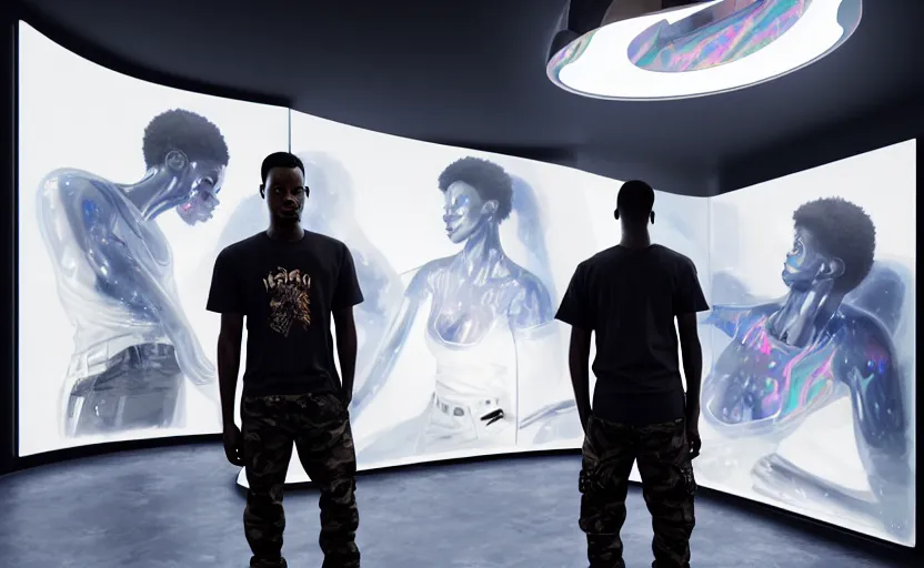 Image similar to portrait of handsome black genius wearing a white t - shirt and camo cargo pants in front several curved holographic displays, luxury condo interior, elegant atmosphere, glowing lights, highly detailed, digital painting, artstation, concept art, smooth, sharp focus, illustration, art by wlop, mars ravelo and greg rutkowski