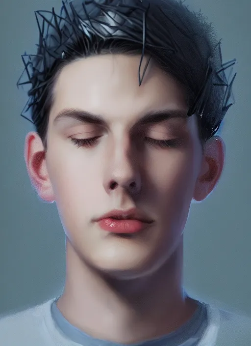 Image similar to portrait of teenage jughead jones wearing a light grey crown, photorealistic, crown, eyes closed, crown, black hair, intricate, elegant, glowing lights, highly detailed, digital painting, artstation, concept art, smooth, sharp focus, illustration, art by wlop, mars ravelo and greg rutkowski