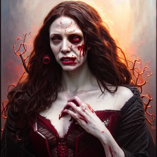Prompt: portrait painting of zombified scarlet witch decaying, ultra realistic, concept art, intricate details, eerie, highly detailed, photorealistic, octane render, 8 k, unreal engine. art by artgerm and greg rutkowski and charlie bowater and magali villeneuve and alphonse mucha