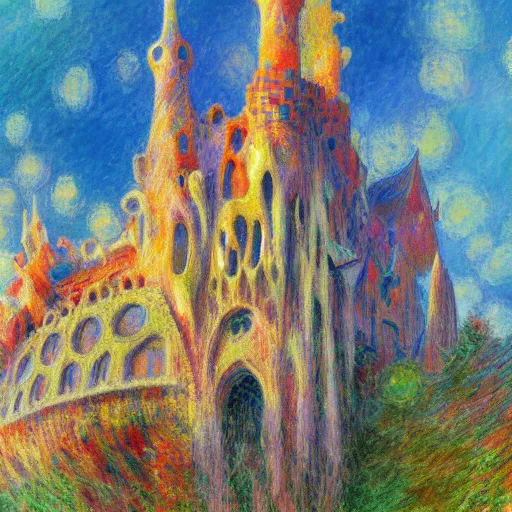 Image similar to antonio gaudi i cornet style castle, dream, colorful, cosy wilderness, highly detailed, sharp focus, illustration by makoto shinkai, monet painted