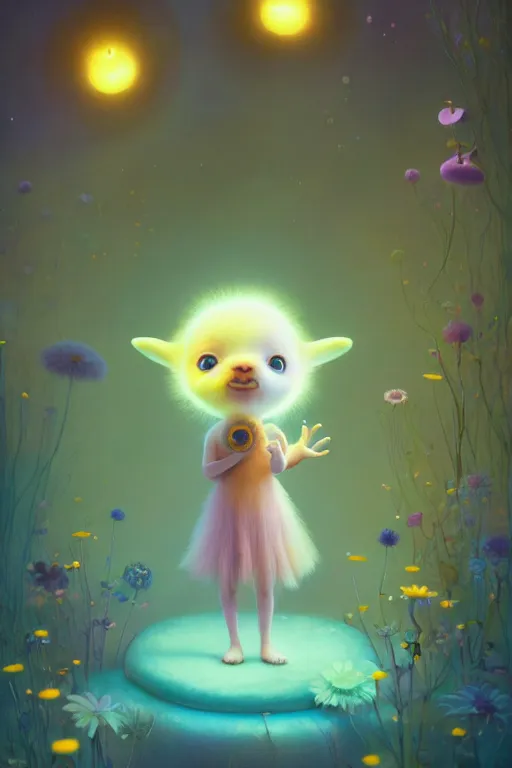 Image similar to a surreal Bioluminescent, very very very cute daisy in a happy world by Daniel Merriam, Trending on Artstation, oil on Canvas by Elena Zhurikhina and Goro Fujita and Charlie Bowater, octane render, 4k, 8k, HD