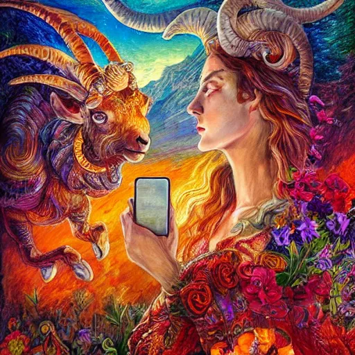 Image similar to painting by senior concept artist josephine wall, horned ram goddess checking her cell phone, erupting volcano in distance, sunset, flowers in foreground, zodiac, fantasy, acrylic on canvas, intricately detailed, highly detailed, high resolution, hdr, 8 k, trending on artstation