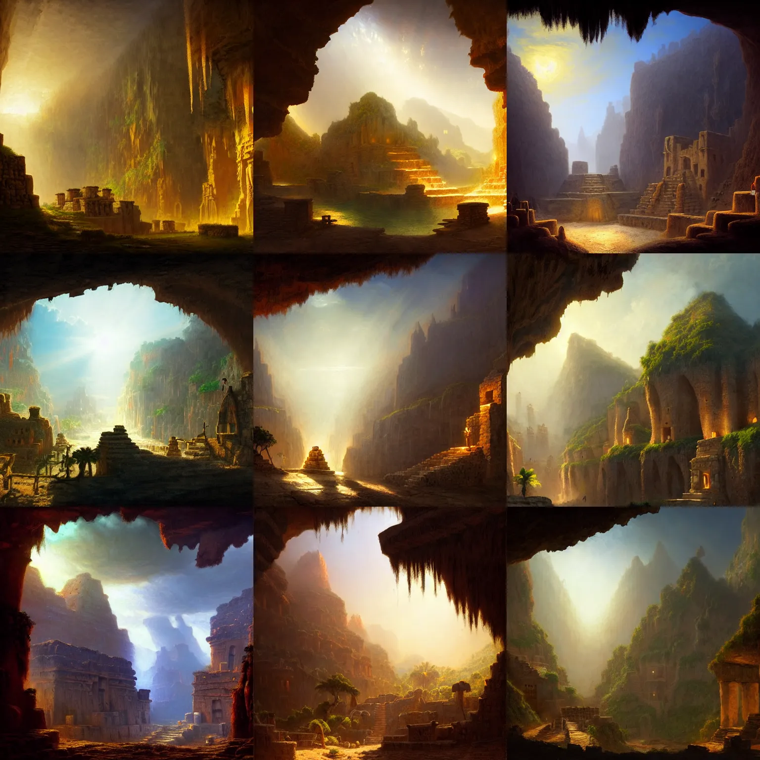 Prompt: aztec town built on the walls of a cave by jorge jacinto and albert bierstadt, mystical, fantasy, rays of light, atmospheric lighting, uhd, 8 k