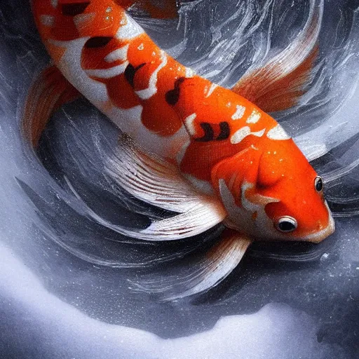 Image similar to A close up ultra detailed photo of magical Koi Fish trapped in a Koi Pond full of ice, intricate, highly detailed, fullbody, artstation, dark fantasy, horror, Hollywood, concept art, smooth, sharp focus, illustration, art by greg rutkowski and orientalism and bouguereau and Zdzislaw Beksinski, good clear quality, lighting, biology, symmetrical artwork, perfect face, 135 mm, cinematic, hyper realism, high detail, octane render, 8k, chrome accents