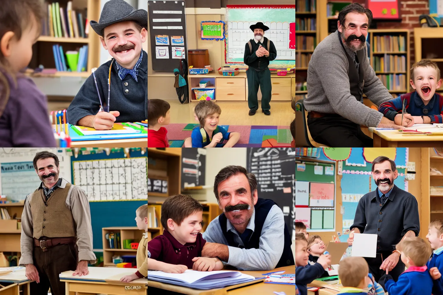 Prompt: Daniel Plainview smiling and teaching kindergarten, highly detailed, 4k photography, great quality,
