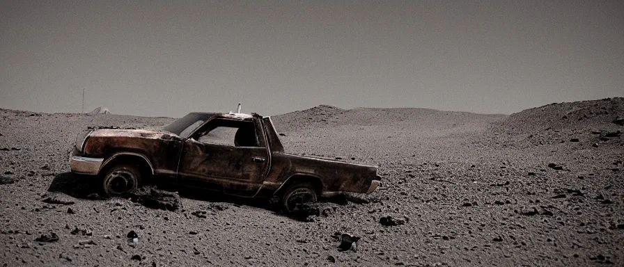 Prompt: a rusting el camino half buried in sand on the surface of mars, ancient discovery, cinematic photograph landscape, 7 5 mm canon mark 1, high contrast, moody, gritty, ambient