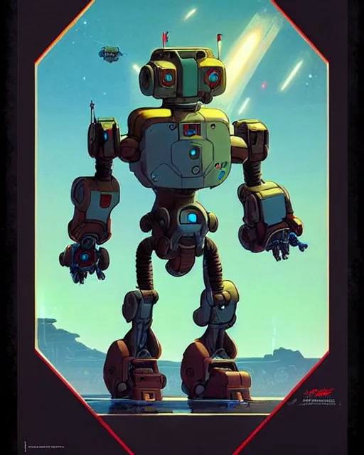 Image similar to bastion the friendly robot from overwatch, character portrait, portrait, close up, concept art, intricate details, highly detailed, vintage sci - fi poster, retro future, in the style of chris foss, rodger dean, moebius, michael whelan, and gustave dore