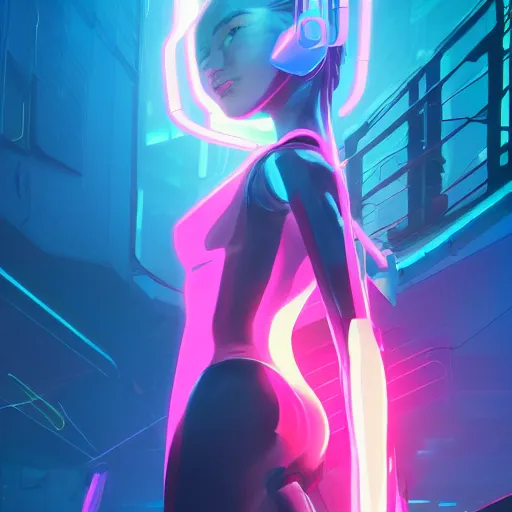 Image similar to a female protagonist wearing neon clothing minimalist, cyberpunk, behance hd by jesper ejsing, by rhads, makoto shinkai and lois van baarle, ilya kuvshinov, rossdraws global illumination ray tracing hdr radiating a glowing aura, fine texture, editorial illustration, dramatic lighting, dynamic composition, detailed, matte print, dynamic perspective, muted color