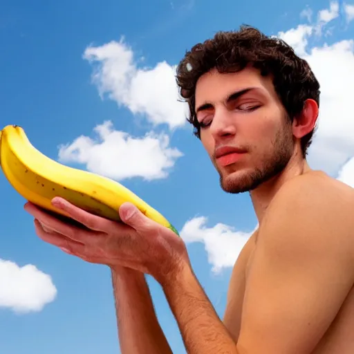 Prompt: dirty scrawny pilgrim holding a banana