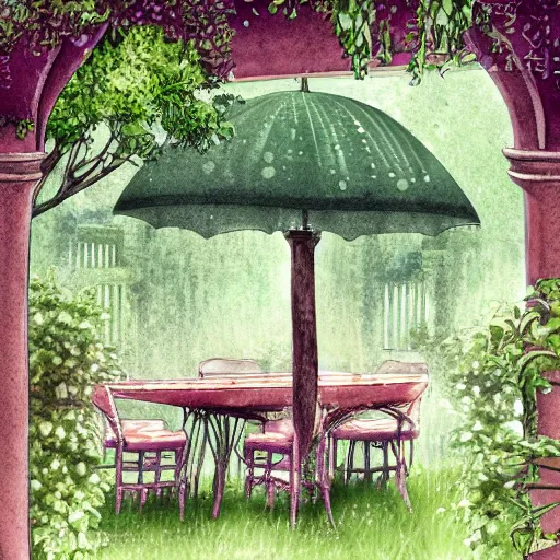 Prompt: delicate rain, symmetric, chairs, garden, paved, botanic watercolors, iridescent, 8 k, realistic shaded, fine details, artstation, italian, iron gate, tree, mediterranean, marvelous