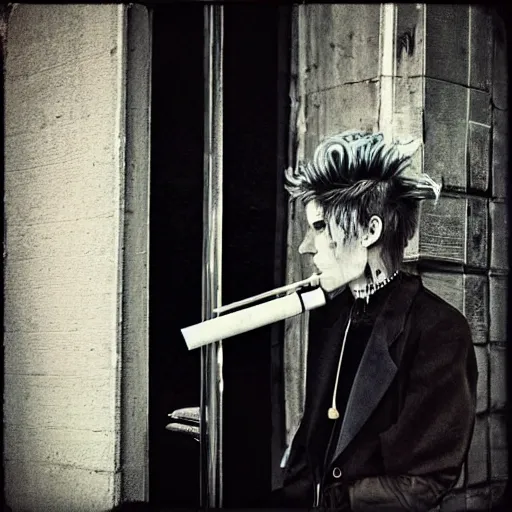 Image similar to androgynous punk smoking cigarette outside bar, photo iphone