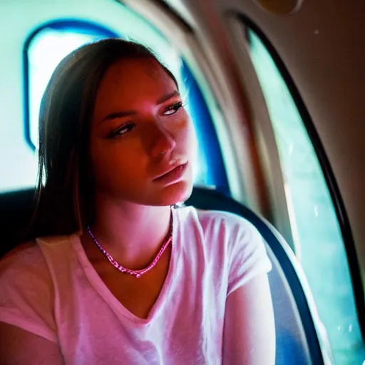 Image similar to a young women, broken hearted, on a greyhound bus to find out where her love has been, nighttime, retrowave