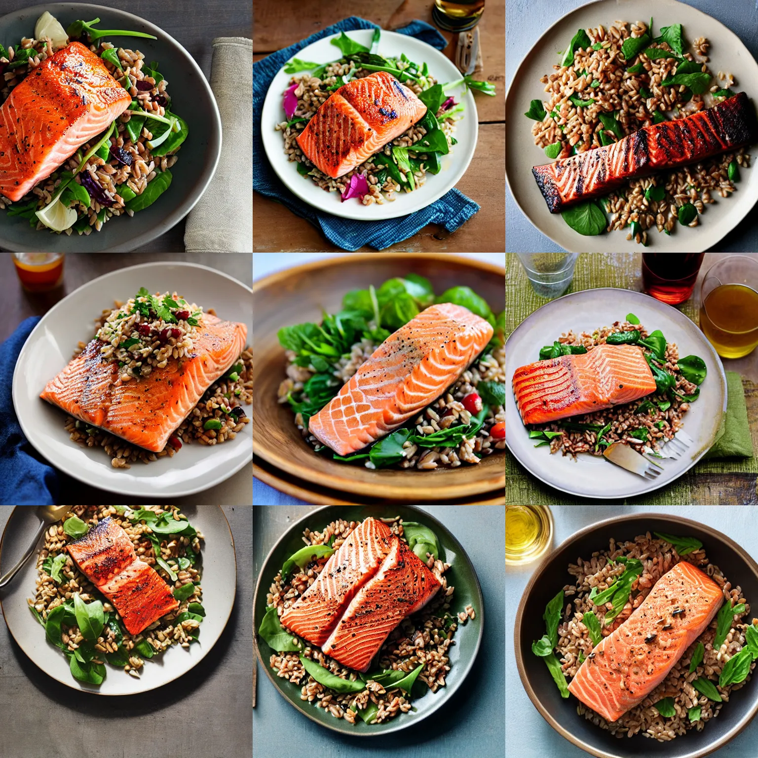 Prompt: cedar-planked salmon and farro salad