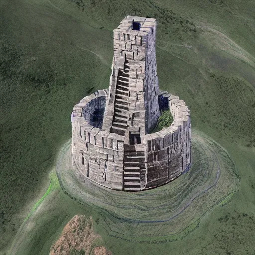 Image similar to Aerial view of a wizard's tower, surrounded by mines and caves