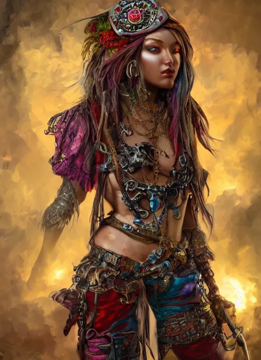 Image similar to realistic full body concept art illustration oil painting of a beautiful woman pirate in insanely detailed and intricately colored clothing, octane render, sss, postprocessing, 4k, cinematic lighting