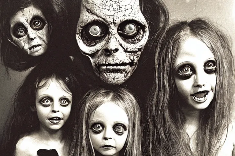 Image similar to studio portrait of a happy creepy mud family with big eyes by bob bottin, horror grotesque, realistic detailed photography 1 9 7 0's