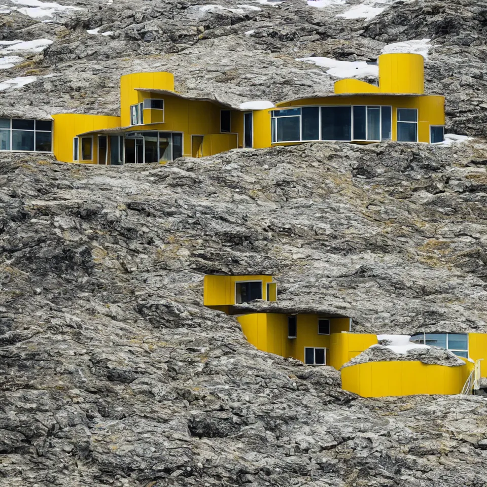 Image similar to a mid-century modern house on top of a cliff in the arctic, designed by Frank Gehry. Big tiles. Small pathway . Film grain, cinematic, yellow hue