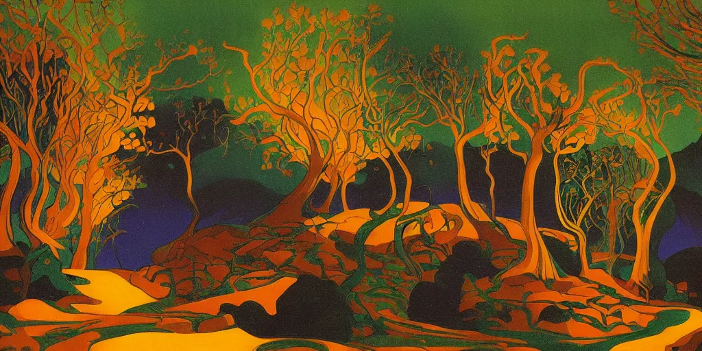 Image similar to a night landscape background, paul ranson, rob gonsavles, eyvind earle