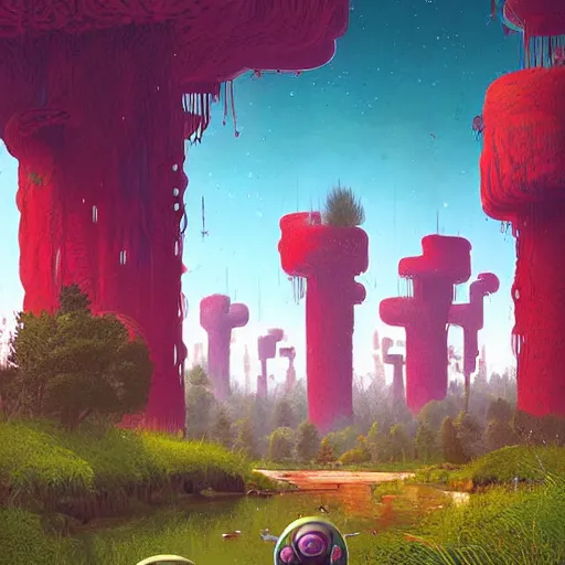 Image similar to digital artwork of a lush natural scene on an alien planet by simon stalenhag. extremely detailed. science fiction. beautiful landscape. weird vegetation. cliffs and water.