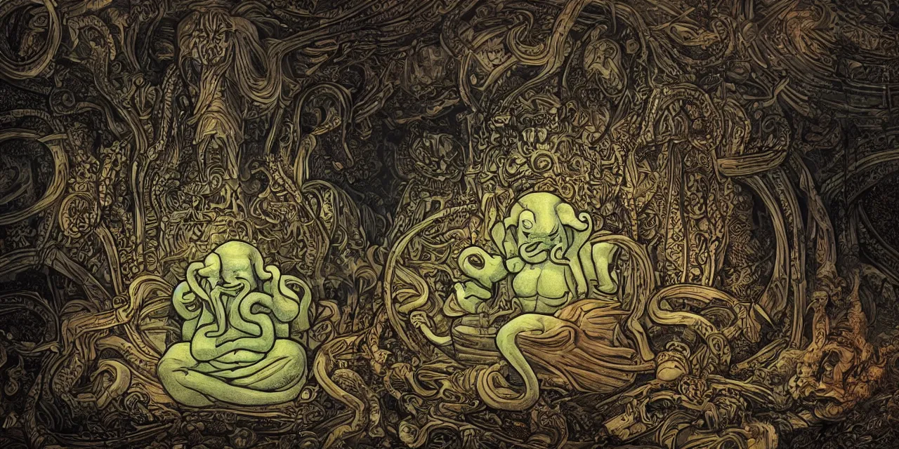 Image similar to inside the palace of pondering, cthulhu and ganesh were building the future by weaving the fabric of time itself