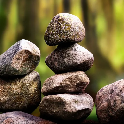 Prompt: A HD 4K photograph of 21 rocks carefully balanced in the enchanted forest of dreams