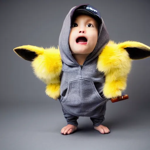 Image similar to model cute detective pikachu wearing hoodie at a model photoshoot studio lighting by annie leibovitz