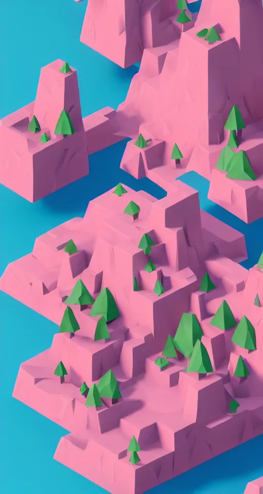 Image similar to a cute little matte low poly isometric cherry blossom forest island, pink waterfalls, mist, lat lighting, soft shadows, trending on artstation, 3d render, monument valley, fez video game,