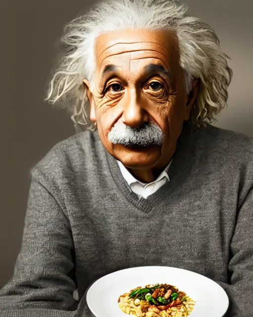 Image similar to a portrait of albert einstein sitting at the dining table with a plate containing namkeen in front of him, highly detailed, trending on artstation, bokeh, 9 0 mm, f / 1. 4