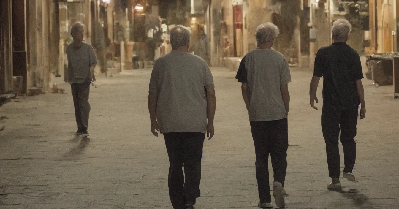 Image similar to todd solondz, high quality high detail image of todd solondz walking with a friend in an empty tel aviv street, clear sharp face of todd solondz, night, by lucian freud and gregory crewdson and francis bacon, hd, photorealistic lighting