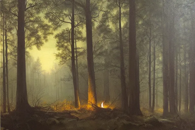 Image similar to dark and spooky painting of a forest dimly lit by fire at night with a scary tall and slender man in the woods. muted colour palette, detailed oil painting by asher brown durand