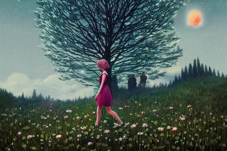 Image similar to giant daisy flower as a head, girl walking forest, big trees, hills, surreal photography, dark night, star trails, moon light, impressionist painting, clouds, digital painting, artstation, simon stalenhag