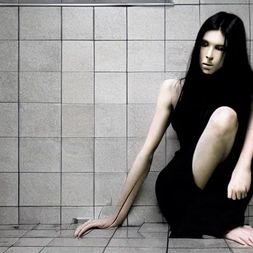 Image similar to photo of lonely young girl エウリン with straight long black hair wearing black dress that sitting on bathroom floor, photo made by mario testino and vanessa beecroft, model エリサヘス ・ セイモア from acquamodels. com, render by artgem and alphonse mucha for capcom co, resident evil